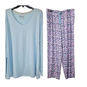 Hanes Comfort Sleep Women's Size 1X Cozy Knit Long Sleeve Winter Pajama Set Blue